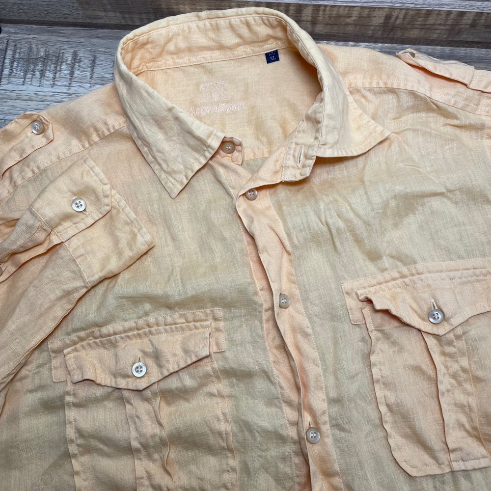 Zegna Sport Men XL 100% Linen Button Up Shirt Orange Epaulettes Roll Tab Utility
